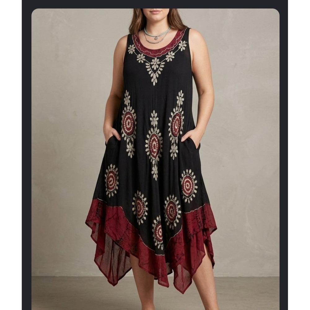 Just Love Womens 2X Black Batik Handkerchief Hem Sleeveless Midi Dress Pockets